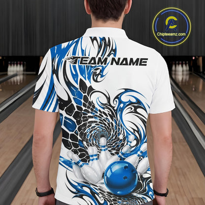 Back view of a male model wearing a white bowling polo shirt featuring blue and black tribal graphics, scale-inspired textures, and a red bowling ball illustration