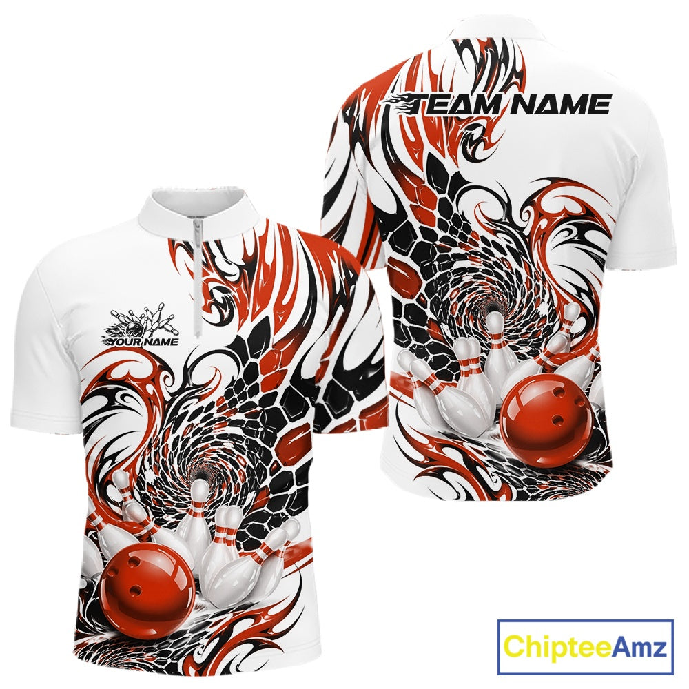 Front and back mockup of a mens white bowling quarter-zip featuring orange and black tribal patterns, textured scale details, and bowling pin imagery