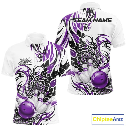 Mens white bowling polo shirt mockup shown from front and back with purple and black tribal patterns and a red bowling strike design
