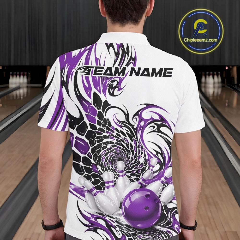 Back view of a male model wearing a white bowling polo with purple and black tribal scale artwork and a glossy red bowling ball striking pins at the bowling lane
