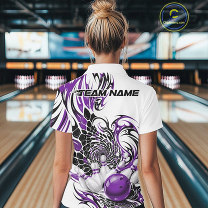 Back view of a womens white quarter-zip bowling shirt highlighting purple and black tribal designs, textured patterns, and bowling imagery