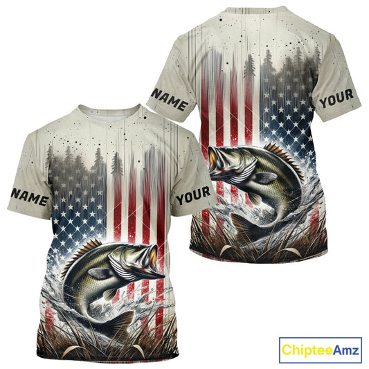Custom Patriotic US Flag Largemouth Bass Fishing T-Shirts, Bass Fishing Jerseys IPHW9215