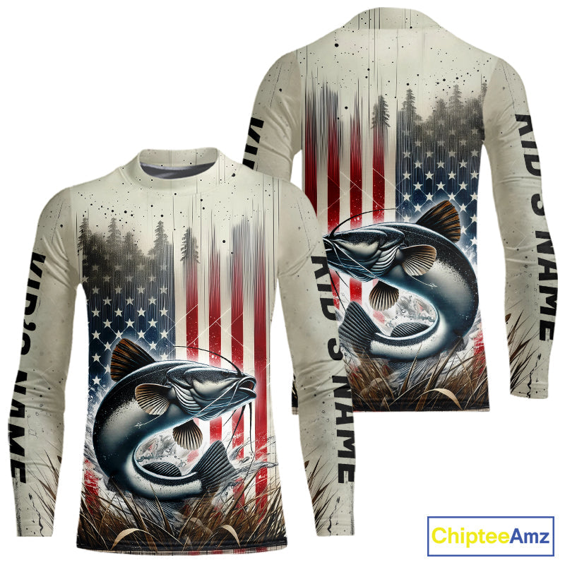 Custom Patriotic US Flag Catfish Kid Long Sleeve Fishing Shirts, Catfish Fishing Jerseys IPHW9217
