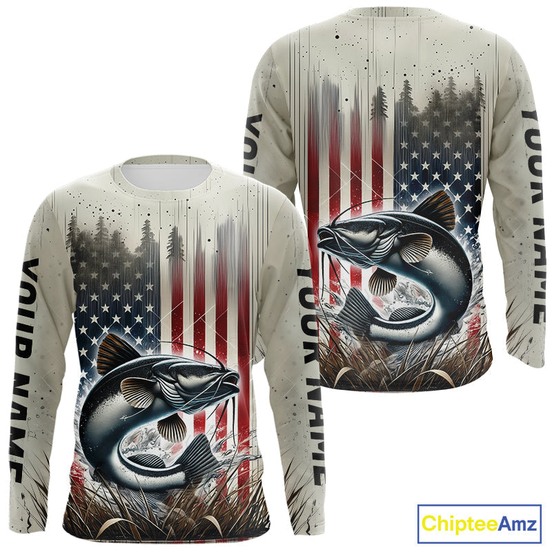 Custom Patriotic US Flag Catfish Long Sleeve Fishing Shirts, Catfish Fishing Jerseys IPHW9217