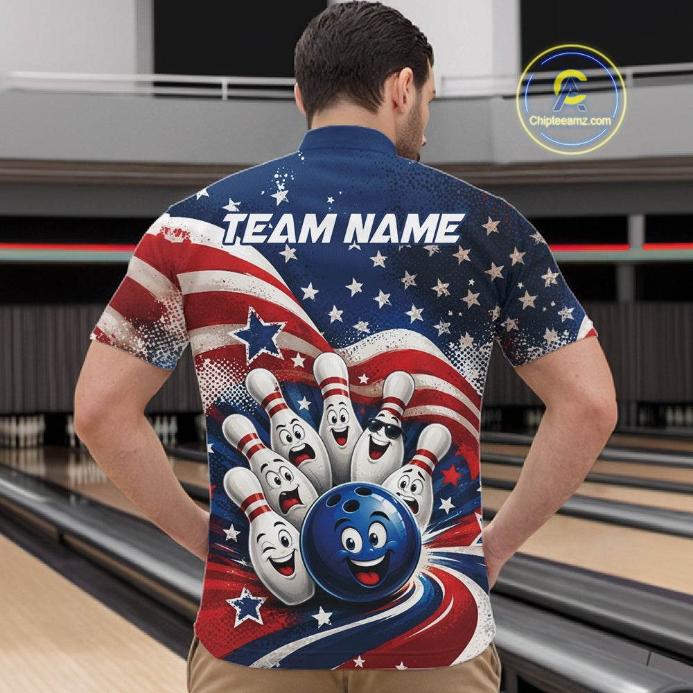 Front view of a male model wearing a bowling quarter zip shirt featuring a funny bowling ball surrounded by cheerful animated pins with flowing American flag waves and scattered stars in a bowling lane.