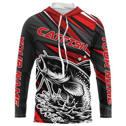 Black And Red Catfish Fishing Jerseys, Custom Catfish Fishing Long Sleeve Fishing Shirts IPHW7021