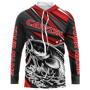 Black And Red Catfish Fishing Jerseys, Custom Catfish Fishing Long Sleeve Fishing Shirts IPHW7021
