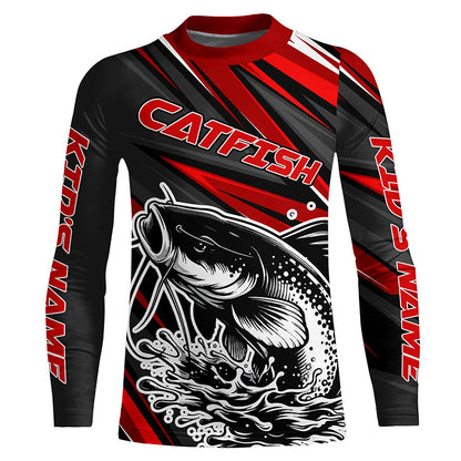 Black And Red Catfish Fishing Jerseys, Custom Catfish Fishing Long Sleeve Fishing Shirts IPHW7021