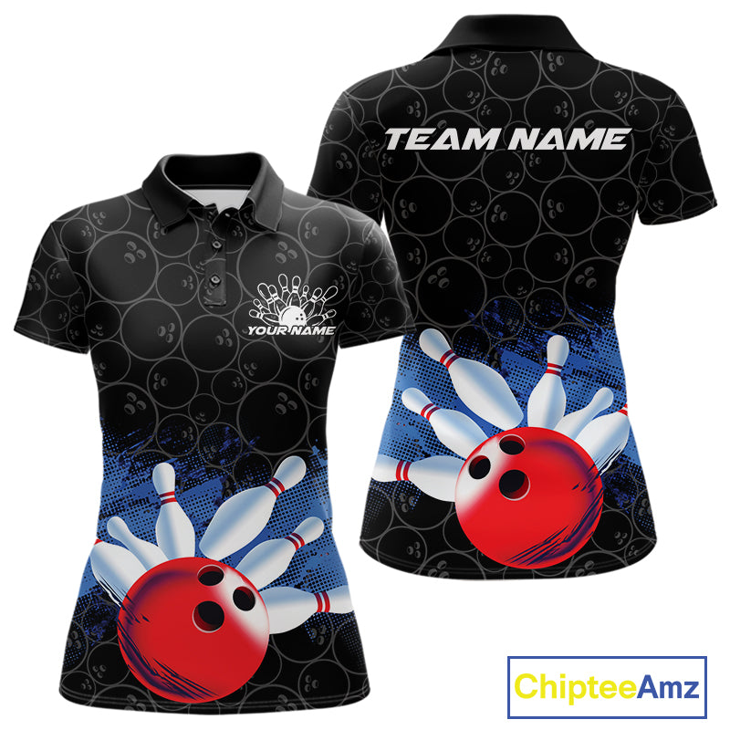 Custom Bowling Pattern Bowling Polo Team Shirts For Women, Bowling League Shirt IPHW9545