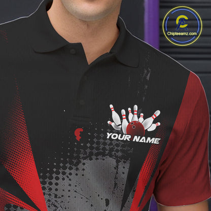 Custom Black And Red Grunge Bowling Ball And Pins Explosion Team Polo Shirts For Men IPHW9547