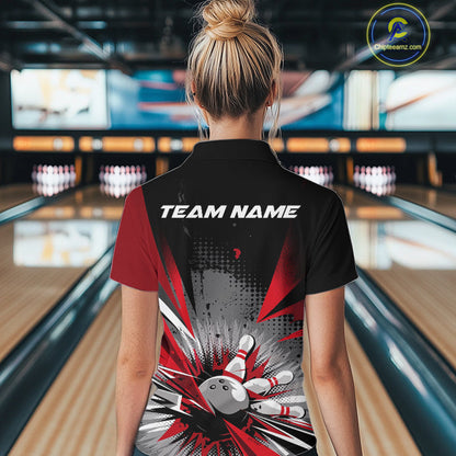 Custom Black And Red Grunge Bowling Ball And Pins Explosion Team Women Quarter-Zip Shirt IPHW9547