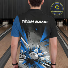 Load image into Gallery viewer, Custom Black And Blue Grunge Bowling Ball And Pins Explosion Team Polo Shirts For Men IPHW9548