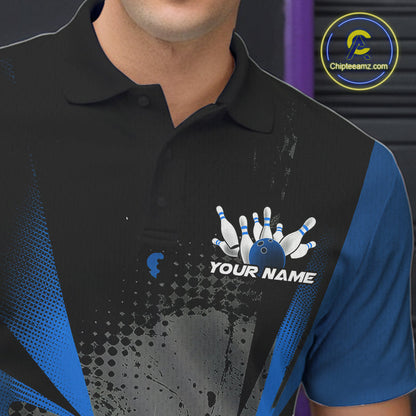 Custom Black And Blue Grunge Bowling Ball And Pins Explosion Team Polo Shirts For Men IPHW9548