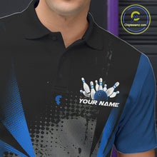 Load image into Gallery viewer, Custom Black And Blue Grunge Bowling Ball And Pins Explosion Team Polo Shirts For Men IPHW9548