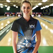 Load image into Gallery viewer, Custom Black And Blue Grunge Bowling Ball And Pins Explosion Team Polo Shirts For Women IPHW9548