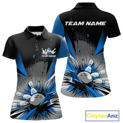 Custom Black And Blue Grunge Bowling Ball And Pins Explosion Team Polo Shirts For Women IPHW9548