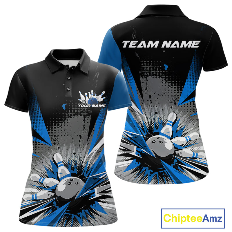 Custom Black And Blue Grunge Bowling Ball And Pins Explosion Team Polo Shirts For Women IPHW9548