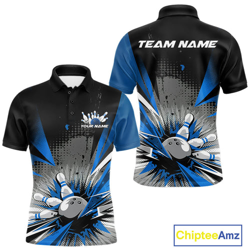 Custom Black And Blue Grunge Bowling Ball And Pins Explosion Team Polo Shirts For Men IPHW9548