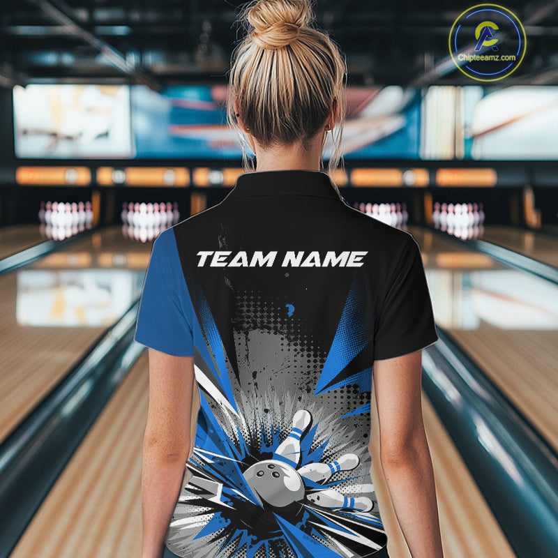 Custom Black And Blue Grunge Bowling Ball And Pins Explosion Team Women Quarter-Zip Shirt IPHW9548