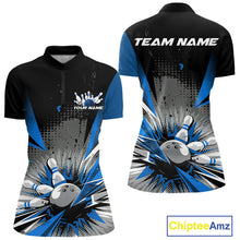 Load image into Gallery viewer, Custom Black And Blue Grunge Bowling Ball And Pins Explosion Team Women Quarter-Zip Shirt IPHW9548