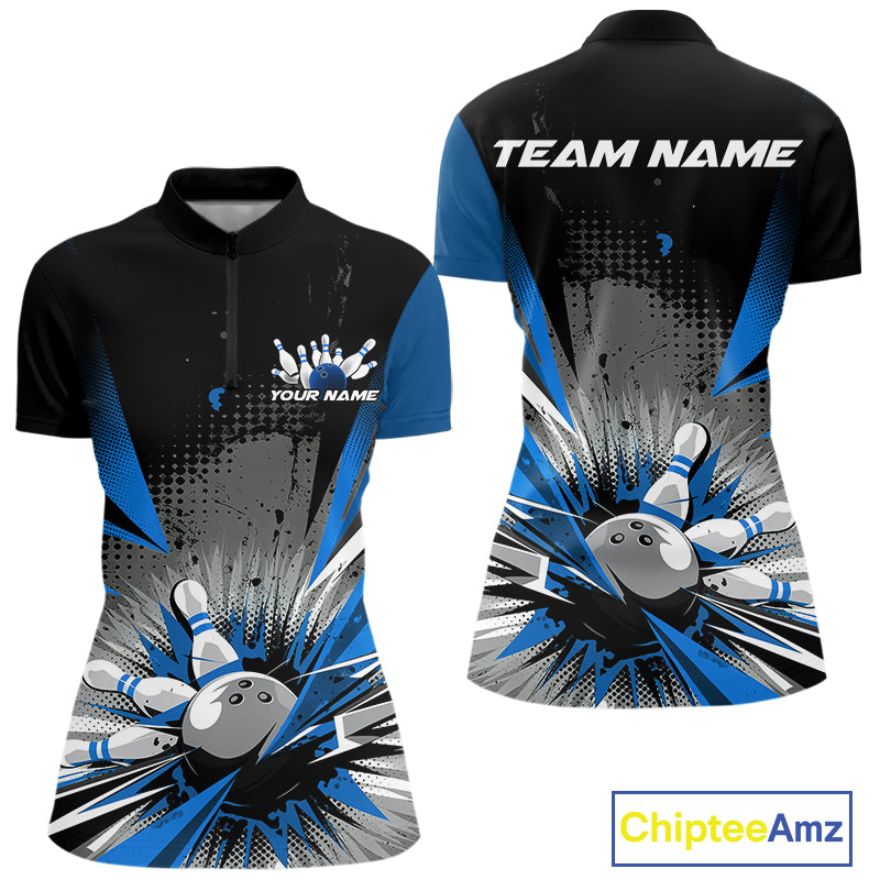 Custom Black And Blue Grunge Bowling Ball And Pins Explosion Team Women Quarter-Zip Shirt IPHW9548
