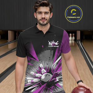 Custom Black And Purple Grunge Bowling Ball And Pins Explosion Team Polo Shirts For Men IPHW9549