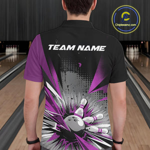 Custom Black And Purple Grunge Bowling Ball And Pins Explosion Team Polo Shirts For Men IPHW9549