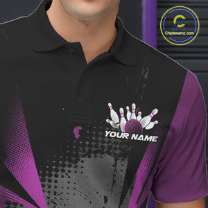 Custom Black And Purple Grunge Bowling Ball And Pins Explosion Team Polo Shirts For Men IPHW9549