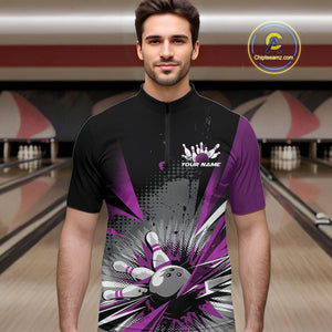 Custom Black And Purple Grunge Bowling Ball And Pins Explosion Team Quarter-Zip Shirts For Men IPHW9549