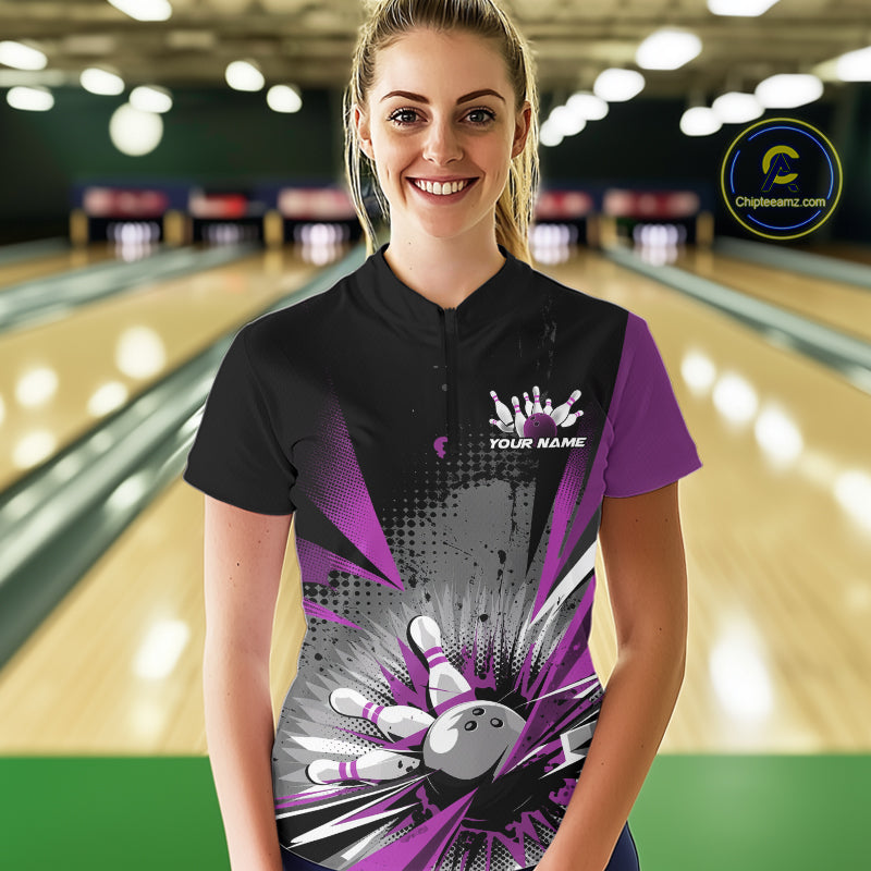 Custom Black And Purple Grunge Bowling Ball And Pins Explosion Women Quarter-Zip Shirt IPHW9549