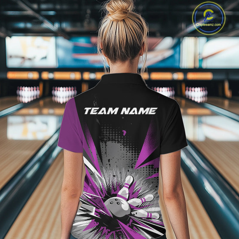 Custom Black And Purple Grunge Bowling Ball And Pins Explosion Women Quarter-Zip Shirt IPHW9549