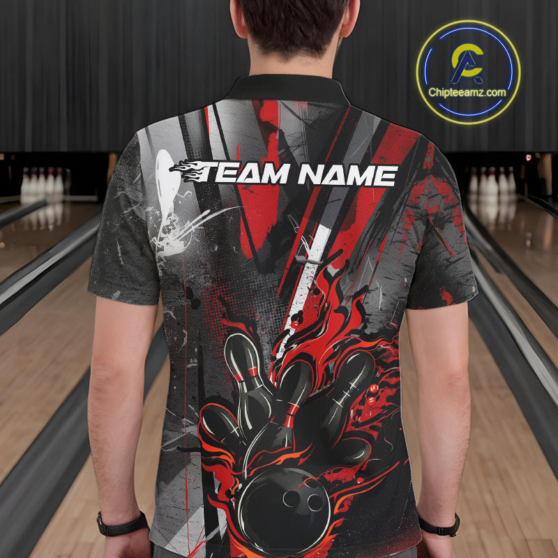 Custom Grunge Black And Red Fire Flame Bowling Polo Shirts For Men, Bowling Team Uniform IPHW9555