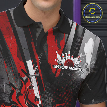 Custom Grunge Black And Red Fire Flame Bowling Polo Shirts For Men, Bowling Team Uniform IPHW9555