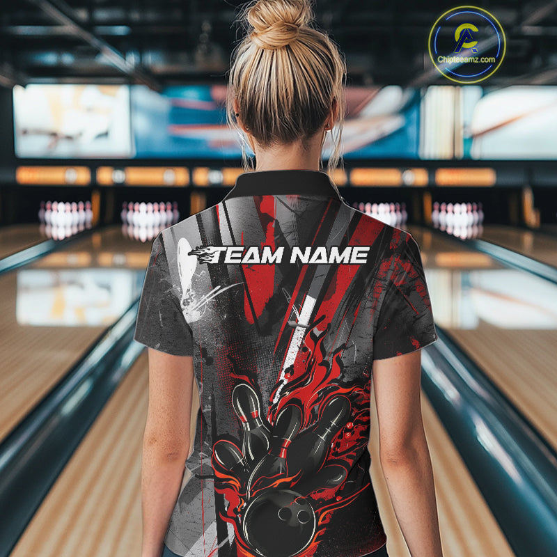 Custom Grunge Black And Red Fire Flame Bowling Women Polo Shirt, Bowling Team Uniform IPHW9555
