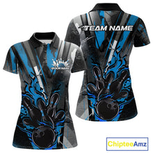 Load image into Gallery viewer, Custom Grunge Black And Blue Fire Flame Bowling Women Polo Shirt, Bowling Team Uniform IPHW9556