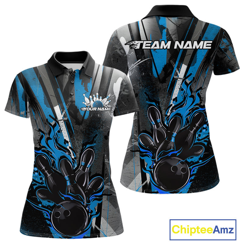 Custom Grunge Black And Blue Fire Flame Bowling Women Polo Shirt, Bowling Team Uniform IPHW9556