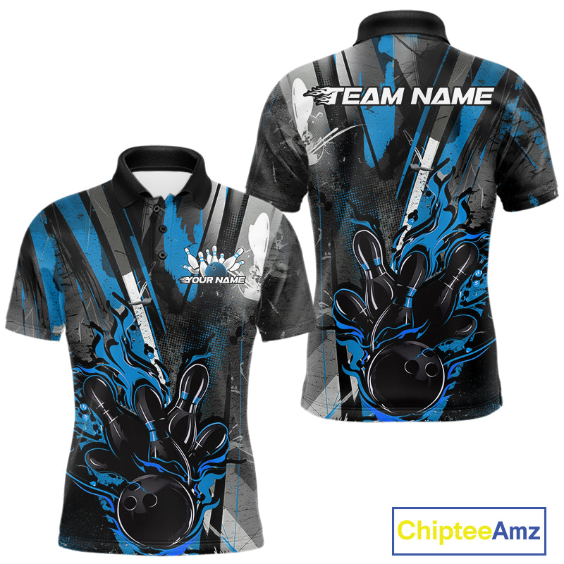 Custom Grunge Black And Blue Fire Flame Bowling Polo Shirts For Men, Bowling Team Uniform IPHW9556