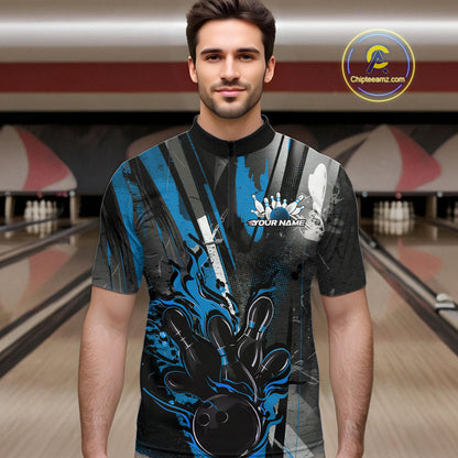 Custom Grunge Black And Blue Fire Flame Bowling Quarter-Zip Shirts For Men, Bowling Team Uniform IPHW9556