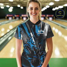 Load image into Gallery viewer, Custom Grunge Black And Blue Fire Flame Bowling Women Quarter-Zip Shirt, Bowling Uniform IPHW9556