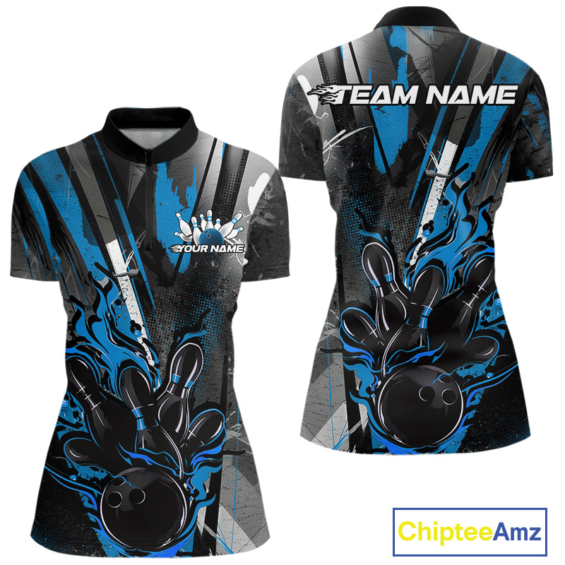 Custom Grunge Black And Blue Fire Flame Bowling Women Quarter-Zip Shirt, Bowling Uniform IPHW9556