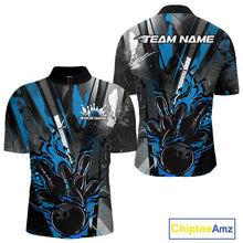 Load image into Gallery viewer, Custom Grunge Black And Blue Fire Flame Bowling Quarter-Zip Shirts For Men, Bowling Team Uniform IPHW9556