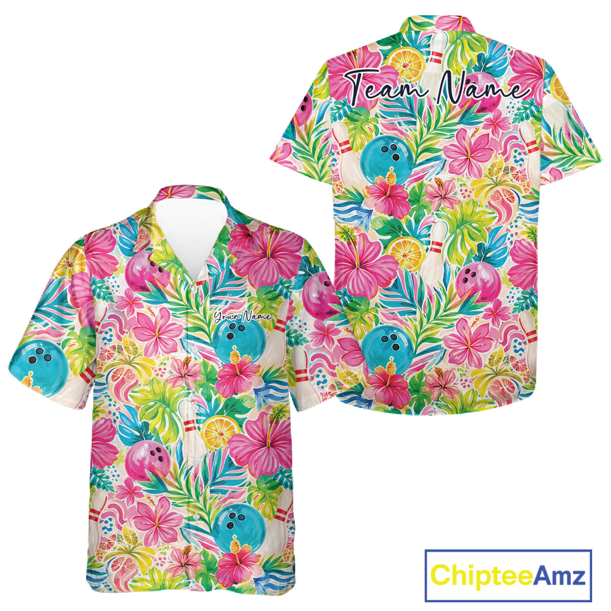 A short-sleeve Hawaiian-style button up shirt shown from both front and back on a white background. The shirt features a colorful tropical print with pink hibiscus flowers, green palm leaves, blue bowling balls, and small yellow/orange citrus slices.