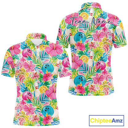 Front and back views of a short-sleeve polo shirt with a colorful tropical floral print featuring pink hibiscus flowers, green palm leaves, blue bowling balls, bowling pins, and yellow citrus slices on a white background. 