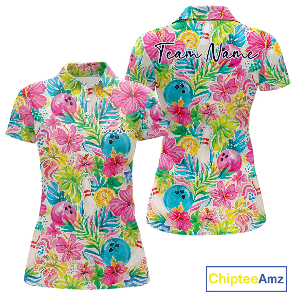 A women's short-sleeve polo shirt shown from both front and back on a white background. The shirt features a colorful tropical print with pink hibiscus flowers, green palm leaves, blue bowling balls, yellow lemons, and white bowling pins.