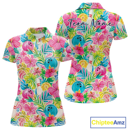 A women's short-sleeve polo shirt shown from both front and back on a white background. The shirt features a colorful tropical print with pink hibiscus flowers, green palm leaves, blue bowling balls, yellow lemons, and white bowling pins.