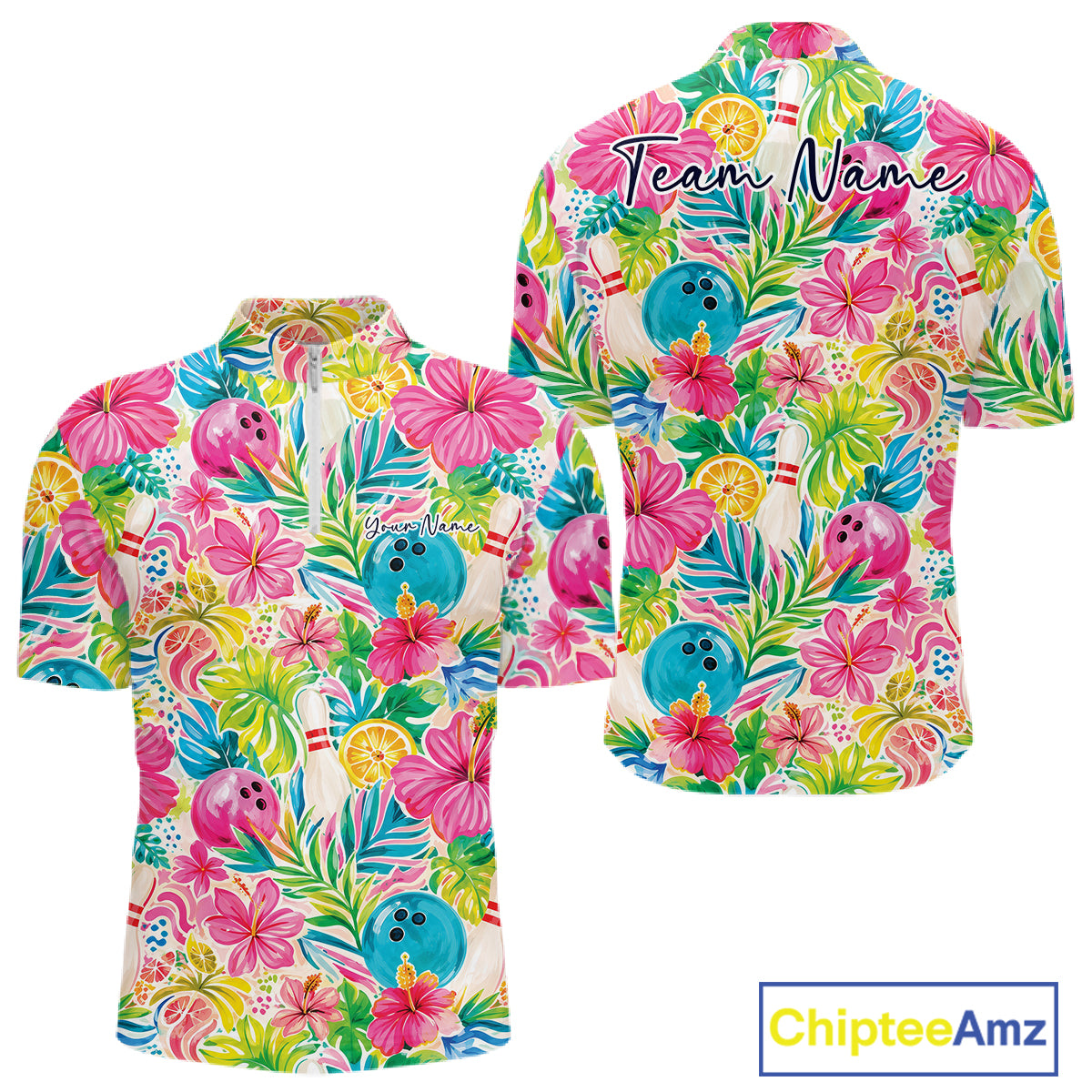 A short-sleeve quarter zip shirt shown from both front and back, featuring a colorful tropical floral print with hibiscus flowers, palm leaves, bowling balls, bowling pins, and citrus slices on a white base. 