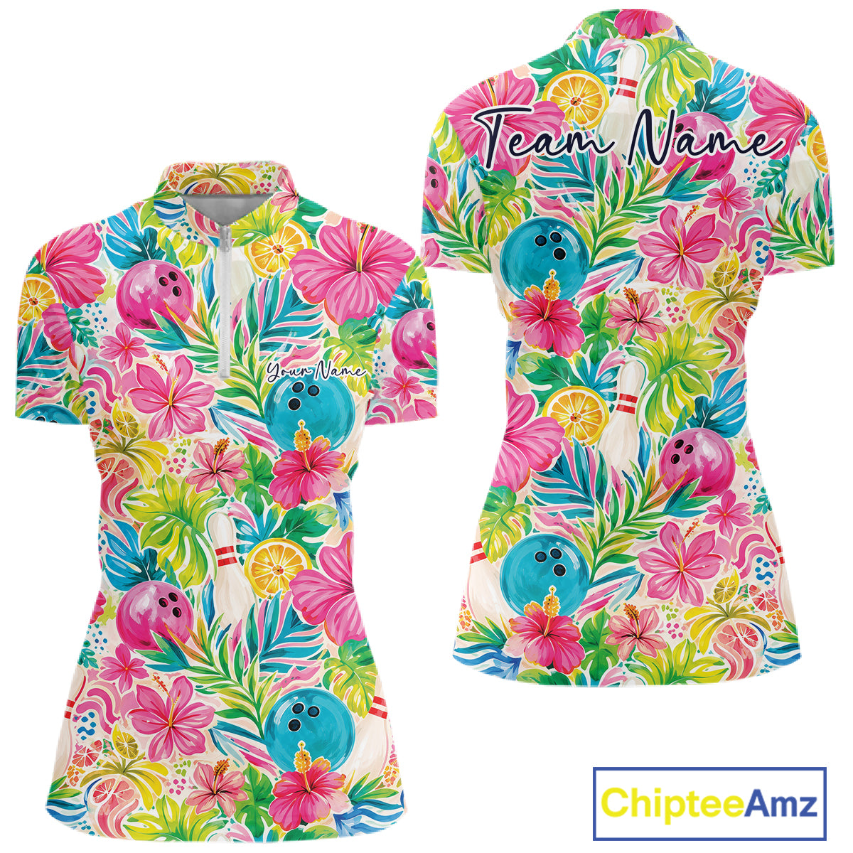 Front and back views of a short-sleeve bowling quarter zip shirt featuring a colorful tropical floral print with hibiscus flowers, palm leaves, bowling pins, bowling balls, and lemons on a white base.