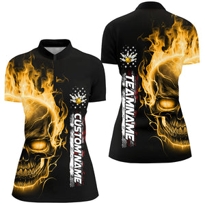 Flame Skull American Flag Custom Team Bowling Shirts For Women, Patriotic Bowling Shirt IPHW5154