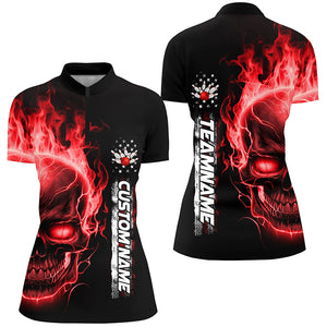 Flame Skull American Flag Custom Team Bowling Shirts For Women, Patriotic Bowling Shirt IPHW5155