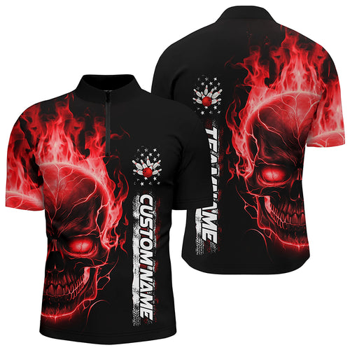 Flame Skull American Flag Custom Team Bowling Shirts For Men, Patriotic Bowling Shirt IPHW5155